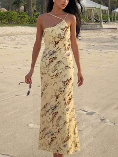 European And American Style Off-Shoulder Spaghetti Strap Dress, Suitable For Women's Summer Wear, Minimalist Elegant, Backless Design, Casual Versatile Long Dress. Elegant Sleeveless Shoulder Strap Summer Dress, Women's Office Commute Dress, Casual Elegant, Suitable For Commuting, Party, Beach. Elegant Women's Dress Suitable For Various Occasions. Women's Holiday Clothing