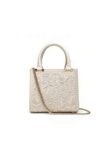 Satin Faux Pearl Handbag, Women's Mini Handbag Women's Chain Shoulder Bag Fashionable Small Tote Bag Women's Luxury Designer Wallet Women's Fashion Handbag - White - View 4