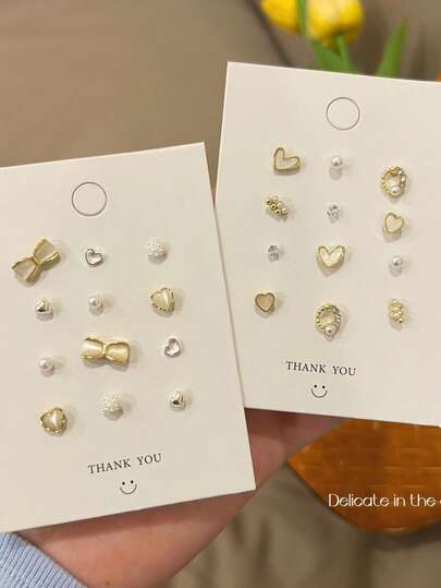 Heart & Bow Tie Cat Eye Stone Luxury Delicate Earrings Set For Women