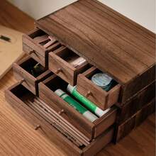 1pc Wooden Desktop Storage Box, Monitor Riser, Jewelry Organizer Box With Drawers, Office Supplies Organizer, Stackable Wooden Shelf - Brown - View 11