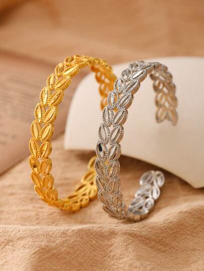 1-2pcs Middle Eastern Ramadan Copper Gold/Silver Wheat Pattern Open Bangle Bracelet, Gift For Family And Friends