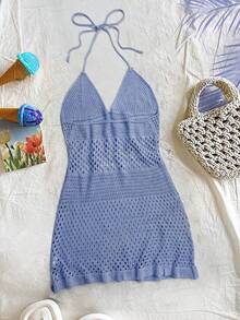女士性感镂空露背系带沙滩罩衫迷你连衣裙，夏季度假 - 藍色 - 查看 8