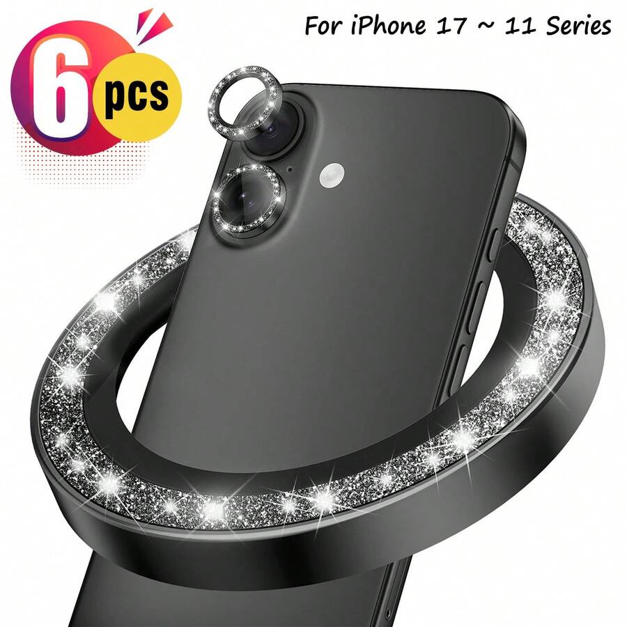 ZYONS Bộ 6 miếng dán bảo vệ ống kính camera màu đen lấp lánh, vòng kim loại hợp kim nhôm 9H trang trí, tương thích với dòng 17 Pro Max/17 Pro/17 Air/17/16 Pro Max/16 Pro/16 Plus/16/15 Pro Max/14 Pro Max/13 Mini/12/11 - 6 cái - Xem 1