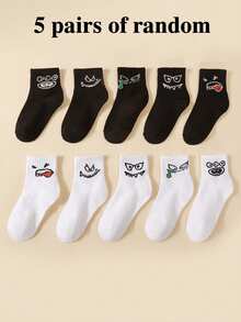 5 Pairs Random Black & White Cartoon Funny Mid-Calf Socks, Breathable Kids Socks, Fashion Versatile For Boys And Girls, Graffiti Expressions - Multicolor - View 11