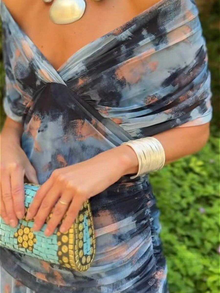 Elegant Floral Dress For Women, Sleeveless Pleated Fitted Dress With A Waistline, Suitable For Daily Casual Wear - 藍色 - 查看 1