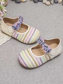 1 Pair Kids Flat Shoes, 2026 New Spring Girls Knitted Soft Bottom Hook And Loop Casual Performance Fashion Shoes, Girls Bowknot Fashionable Shoes - Beige - View 2