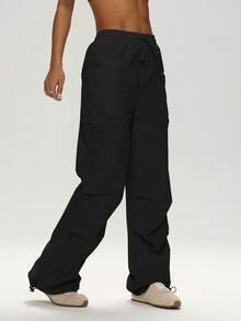 UONNOU 1pc Y2K Style Women's Parachute Pants Elastic Drawstring Waist Design Large Pockets Adjustable Hem Street Style Cargo Pants - Black - View 4
