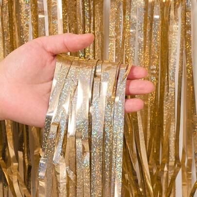 1 pieza Cortina de oropel dorado con láser, cortina de gotas, decoración de fondo para fiesta, telón de fondo de fiesta con flecos de lámina metálica, suministros para fiestas de cumpleaños, navidad y otros eventos, cortina de flecos para fiestas, decoración para baby shower, despedida de soltera, boda