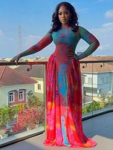 Women's Clothing Retro Pleated Printing Splicing Waist A-Shaped Skirt Round Neck Home Long-Sleeved Dress - 彩色 - 查看 1