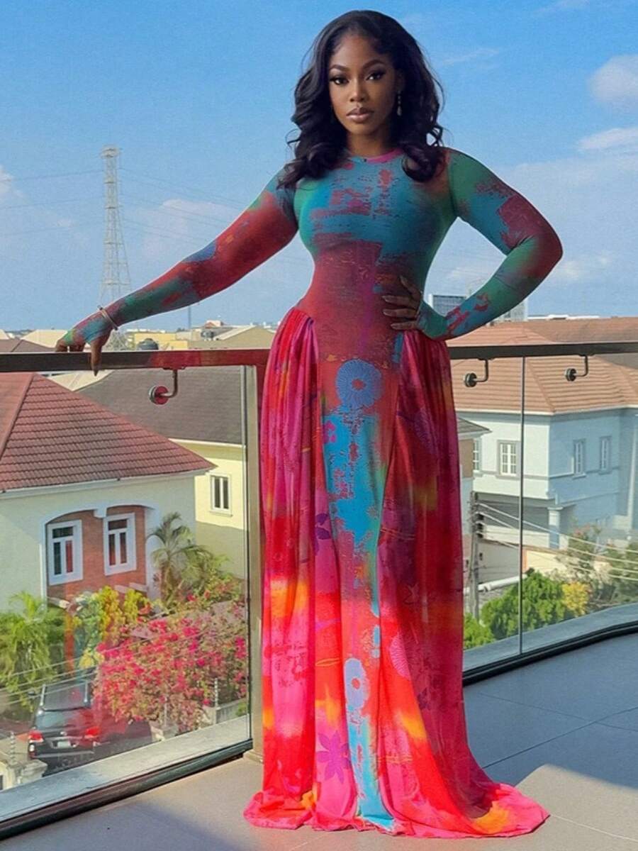 Women's Clothing Retro Pleated Printing Splicing Waist A-Shaped Skirt Round Neck Home Long-Sleeved Dress - 彩色 - 查看 1