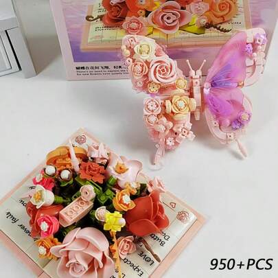 950+ PCS Small Particle Building Blocks Butterfly & Flower Bouquet Model, Colorful Butterfly Combination, Multi-Color Flower Bouquet, Indoor Home Decor, ABS Plastic Model Assembly, Gift For Men & Women, Particle Building Block Toy, Birthday Gift, Holiday Giveaway