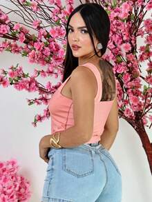 Cropped Suplex Alça Larga com Forro Duplo Decote Quadrado | Moda Gringa Verão - Rosa Bebê - Visão 2