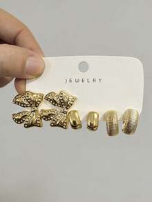 6/18pcs Fashion Earring Set, Bowknot & Starfish Series Earrings Suitable For Daily And Festival Wear, Women Earring Set - Gold - View 3