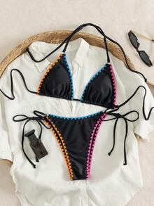 PEPPERMOLLY Bộ bikini hai mảnh màu đen dành cho nữ - Bộ đồ bơi họa tiết hình học tương phản nổi bật với quần bơi buộc dây bên hông, đồ bơi gợi cảm cho kỳ nghỉ biển, tiệc bể bơi và các buổi tụ họp mùa hè. - màu đen - Xem 3
