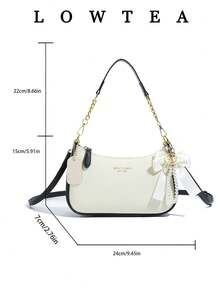 新款时尚百搭PU防水M字母图案单肩包，印花设计搭配金属链条装饰，法式长方形包，适合女性办公、购物、旅行（附赠吊坠） - 白色 - 查看 4