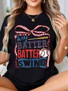 Hey Batter Batter Swing Baseball Graphic T-Shirt For Women Sporty Casual Top Summer Outfit Fun Gift For Baseball Fans, It Is A Perfect T-Shirt To Give To Friends And Family On Any Holiday Or Festive Occasion, 220g - 黑色 - 查看 1