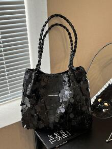 1个休闲通勤女包，大容量2025新款编织纹理纯色简约百搭单肩包，时尚小众压纹手提包，舒适独特肩带，适合大学生、购物、约会、度假，附赠装饰丝带。 - 黑色 - 查看 3