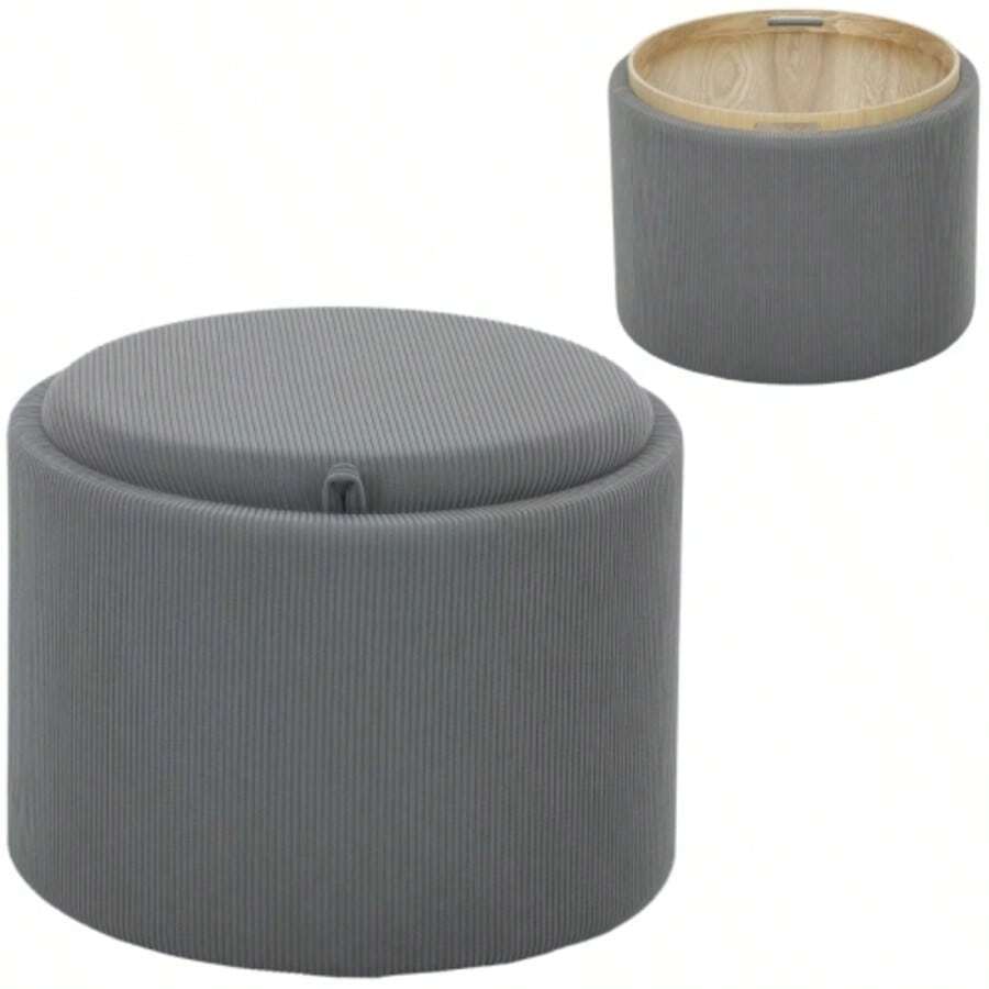 Storage Ottoman With Lid, Round Footrest, Tufted Ottoman, Corduroy-Look Coffee Table, 56 X 56 X 42 Cm, Grey - Grey - View 1