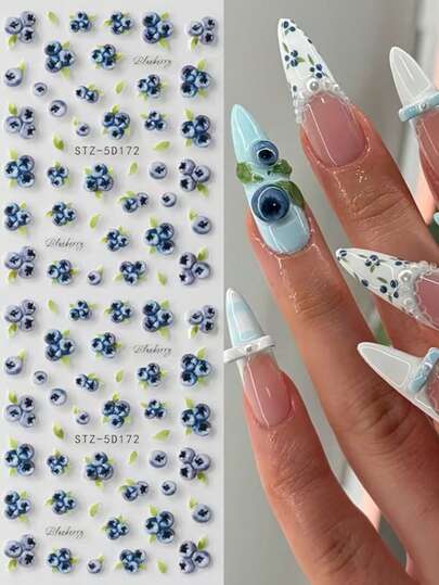 5D Relief Blueberry Fruit Nail Decal, Retro Polka Dot, Self-Adhesive Sliding Decal, Cute High-Priced French Nail Decal Design, Summer Fruit Nail Decal, Bright 5D Blueberry Nail Decal, One-Time Use, Spring And Summer Nail Care Products