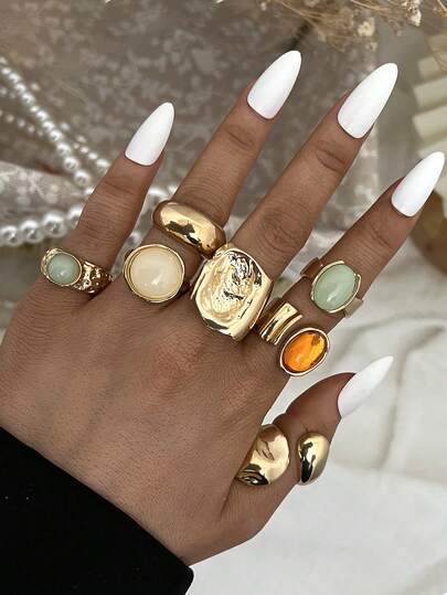 7/5pcs Vintage Elegant Bohemian Style Women Metal Geometric Colorful Cat Eye Stone Sunflower Ring Set, Suitable For Daily, Party, Vacation, Date, Holiday Gift
