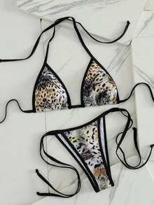 女士豹纹拼接吊带泳衣套装，休闲上下装，夏季海滩度假 - 紋 - 查看 4