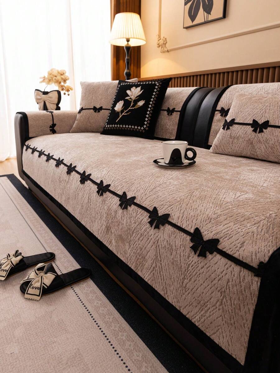 1件欧式清新不规则沙发垫，蝴蝶结饰边镶嵌，雪尼尔质感沙发垫，奢华简约沙发套，保护沙发，防滑防尘防刮，装饰沙发，适用于卧室、客厅、办公室、书房，可机洗，通用沙发套 - 卡其色 - 查看 1