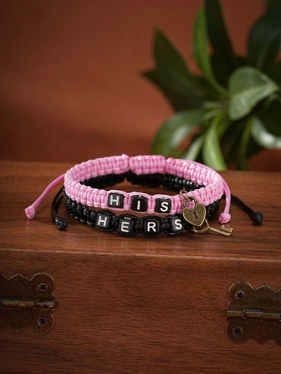 1 Pair Handmade Rope Letter Couple Bracelets, Adjustable For Daily Wear - A - View 1