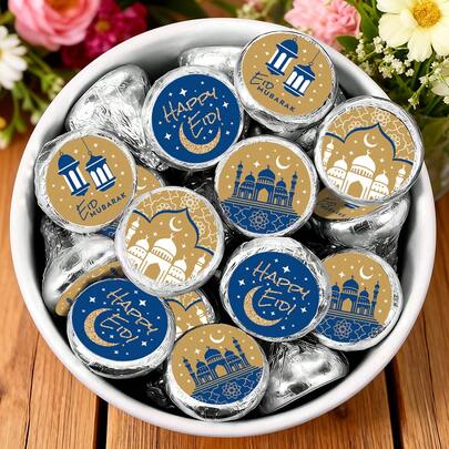 96pcs/4sheets Eid Mubarak Mini Chocolate Drop Stickers, Self-Adhesive Round Ramadan Candy Decals, Islamic Holiday Labels For Muslim Eid Ramadan Party Decoration, No Chocolate