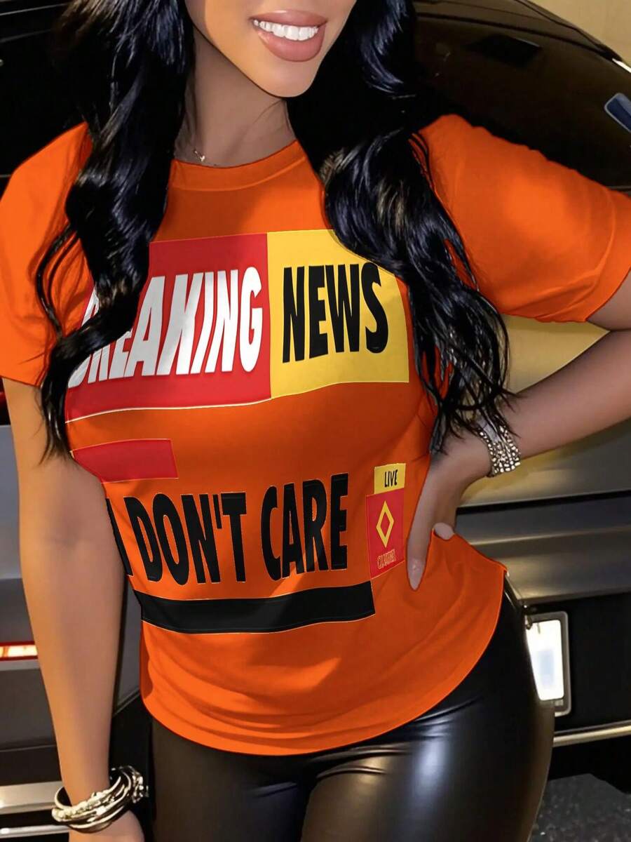 Breaking News Ladies Summer Casual T-Shirt |   Basic Short Sleeve Round Neck Top |   Soft And Breathable Fabric Suitable For Sports |   Black/Pink/Orange |   Vacation Outfit - 橘色 - 查看 1