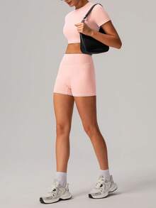 Pantalones cortos deportivos para mujer de cintura alta que levantan las caderas y controlan el abdomen, para fitness, running, yoga, entrenamiento atlético y ropa deportiva activa - Rosa - Ver 7