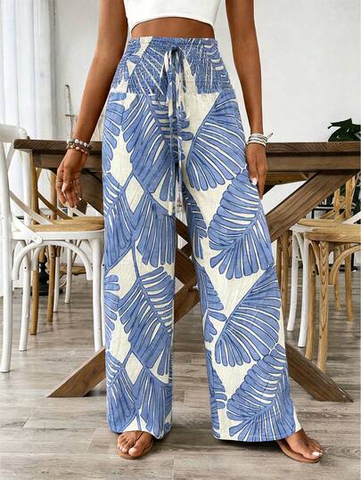 Women's Fashion Waist Drawstring Casual Printed Pants, Wide Leg Trousers