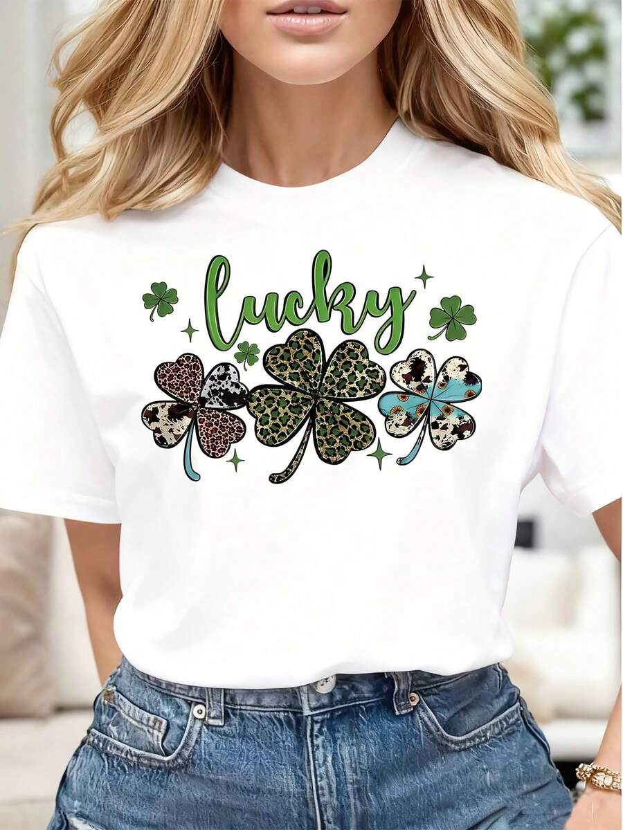 Lucky Clover Leopard Print And Colorful Shamrock Design Women Casual T Shirt Soft Comfortable Gift For St Patrick's Day - trắng - Xem 1