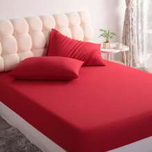 3pcs Solid Color Fitted Sheet Set  With 1pc Fitted Sheet+2pcs Pillow Case Without Filler, Modern Soft Bedding Set For Household Sheet Deep Pocket Up To 15 Inch - Red - View 2