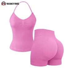 WAKYME 女士带衬垫吊带健身两件套 | 丰胸 | 提臀褶皱短裤 | 瑜伽训练运动服 夏季 - 粉色 - 查看 8