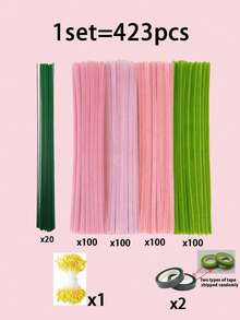 423pcs - Pipe Cleaner Craft - DIY Floral Set, Green & Pink, 4 Colors Pipe Cleaners Include Flower Stems, Stamens, Ribbons, Suitable For Tulip Bouquet Making, Ideal For Holiday DIY Crafts - Multicolor - View 11