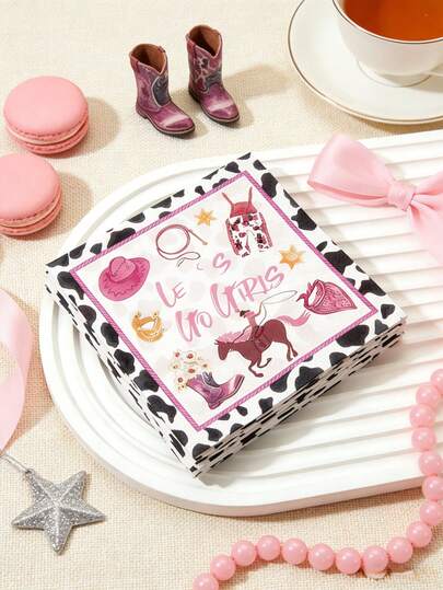 40张西部牛仔主题纸巾 - 纸质，甜美又性感的牛仔风格，奶牛纹边饰 + 粉紫色牛仔元素（牛仔帽/牛仔靴/骑马图案）+ “LET'S GO GIRLS” 印花，适合西部主题派对/牛仔主题生日庆典/时髦女孩聚会及日常使用。