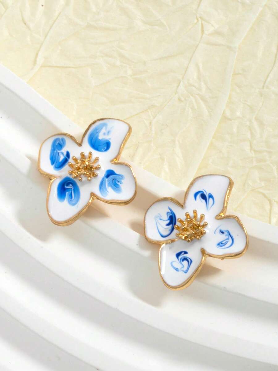 1件復古法式高端誇張大花朵耳釘，極簡奢華仙氣風 - 青花瓷花朵 - 查看 1