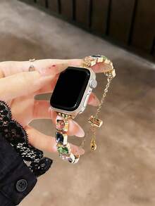 1pc Women's Colorful Gemstone & Rhinestone Bracelet Band, Metal Strap Fits 38/40/41/42/44/45/46/49mm, Compatible With Apple Watch Ultra/SE/Series 10/9/8/7/6/5/4/3/2/1 Bands - Gold Color Adjustable - View 4