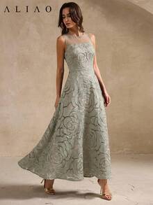 Aliao Elegant Lace Splicing Cut-Flower Tulle Rose Embroider Sleeveless Dress, Modest, Wedding Season, Valentine's Day, White Party Event, Old Money Style, Court Style, Eye-Catching Outfits, Elegant Everyday, New Year, Summer Dress For Women, Party Dress - Green - View 4