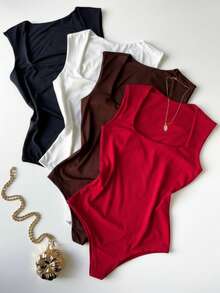 Kit 4 Basic Bodysuits Square Neckline Wide Straps Versatile Shapewear Casual Suplex Basic Gringa Blogger Fashion - RED-cOFFEE-wHITE-bLACK - View 1