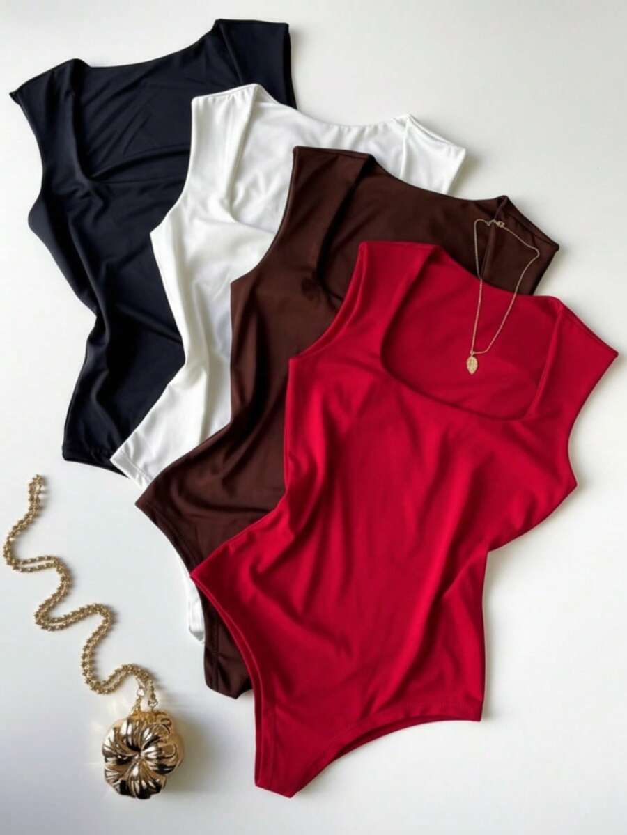 Kit 4 Basic Bodysuits Square Neckline Wide Straps Versatile Shapewear Casual Suplex Basic Gringa Blogger Fashion - RED-cOFFEE-wHITE-bLACK - View 1