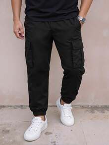 1pc Tween Boys Solid Color Outdoor Street Fashion Multi-Pocket Cargo Pants - Black - View 1