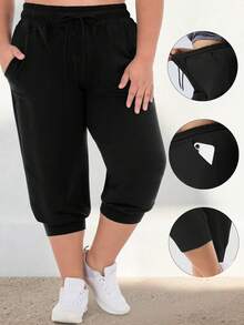 Pantaloni Capri pentru femei de mărime mare, cu talie și șnur, cu buzunare laterale, material confortabil, elastic, potrivit pentru activități casual și sport - Negru - Vizualizare 4