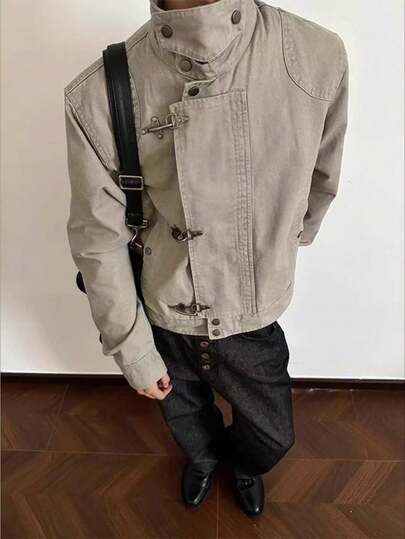American Old Plane Buckle Lapel Jacket Men's Spring And Autumn American Retro Vintage Short Wide Tooling Jacket