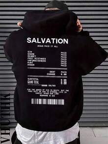 American Vintage Receipt Print Hoodie, Streetwear Oversized Heavyweight Hooded Sweatshirt For Fall & Winter - Black - View 1