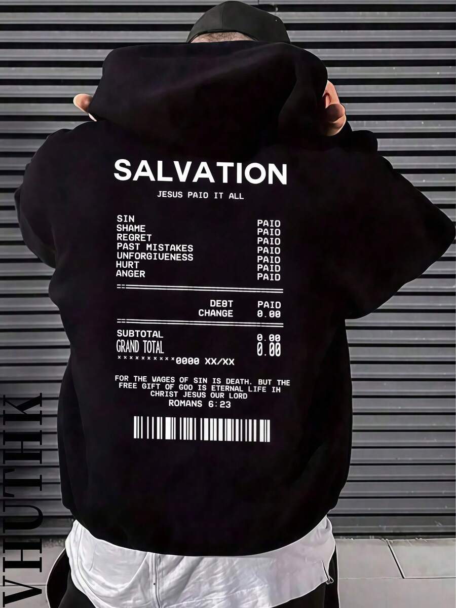 American Vintage Receipt Print Hoodie, Streetwear Oversized Heavyweight Hooded Sweatshirt For Fall & Winter - Black - View 1