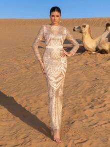 Faeriesty 女士优雅圆领亮片晚礼服 - 长袖，精致花卉几何刺绣，腰部系带设计，适合约会、沙漠婚礼、红毯晚宴及更多春季正式派对场合 - 香檳色 - 查看 10