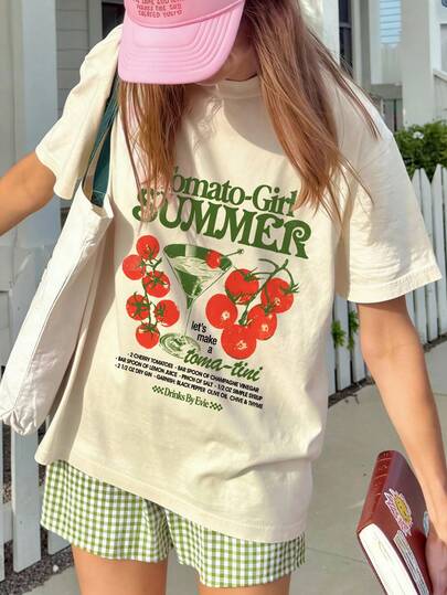 Women's Summer New Letter, Beverage, Fruit & Tomato Print Casual Loose Versatile Round Neck Beige Short Sleeve T-Shirt, Fashionable Everyday Top, Suitable For Daily Wear