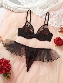 两件套女士黑红蕾丝拼接性感浪漫内衣套装 - 黑紅色 - 查看 6