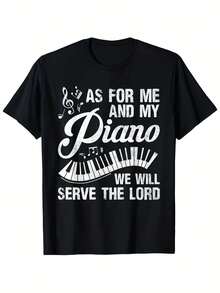 Camiseta de pianista para hombre con estampado "En cuanto a mí y mi piano, serviremos al Señor", camiseta negra de algodón con cuello redondo. - Negro 12 - Ver 1